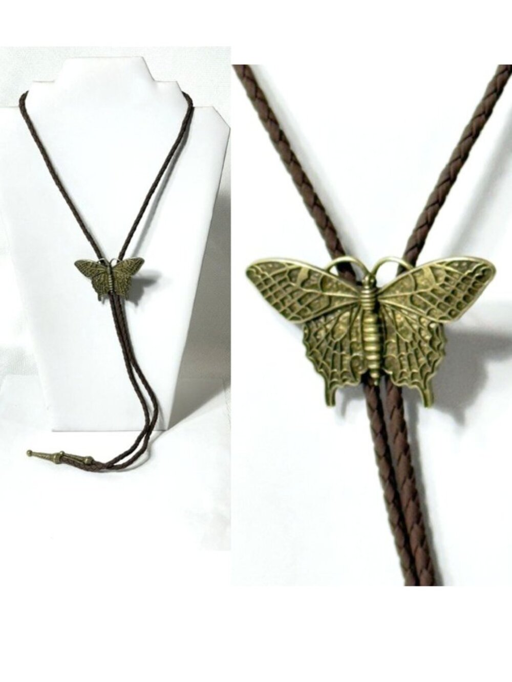 Gold-tine butterfly, brown cord western cowboy bolo tie.